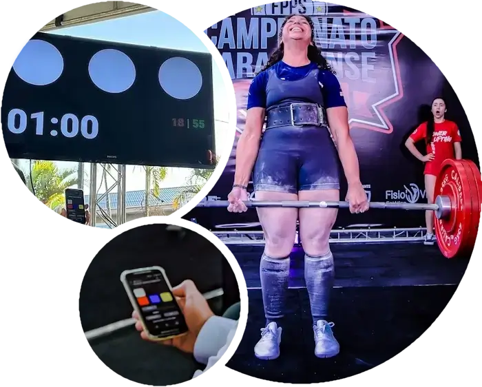 EasyLifter Referee Lights System showing referee lights at a powerlifting meet